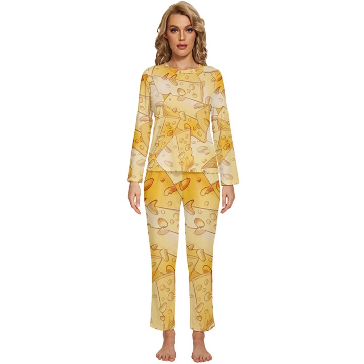 Cheese Slices Seamless Pattern Cartoon Style Womens  Long Sleeve Lightweight Pajamas Set