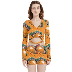 Seamless Pattern With Taco Velvet Wrap Crop Top And Shorts Set