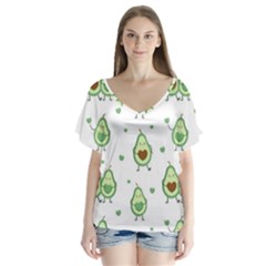 Cute Seamless Pattern With Avocado Lovers V-neck Flutter Sleeve Top by Ket1n9