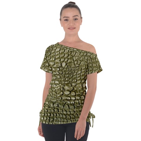 Aligator Skin Off Shoulder Tie-up T-shirt by Ket1n9