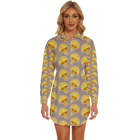 Yellow Mushroom Pattern Womens Long Sleeve Shirt Dress by Ket1n9