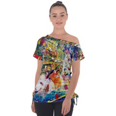 Multicolor Anime Colors Colorful Off Shoulder Tie-up T-shirt