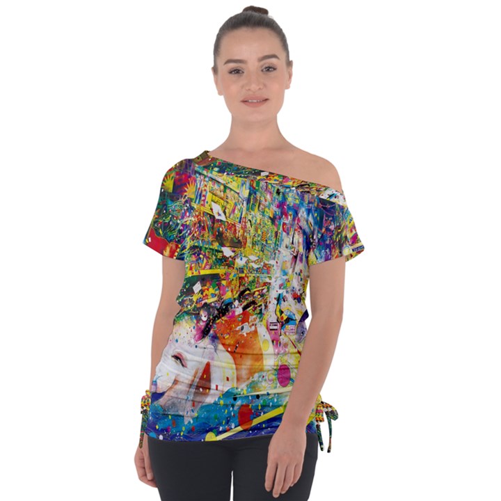 Multicolor Anime Colors Colorful Off Shoulder Tie-Up T-Shirt