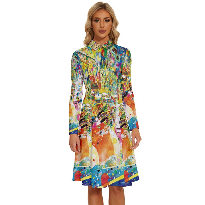 Multicolor Anime Colors Colorful Long Sleeve Shirt Collar A-Line Dress