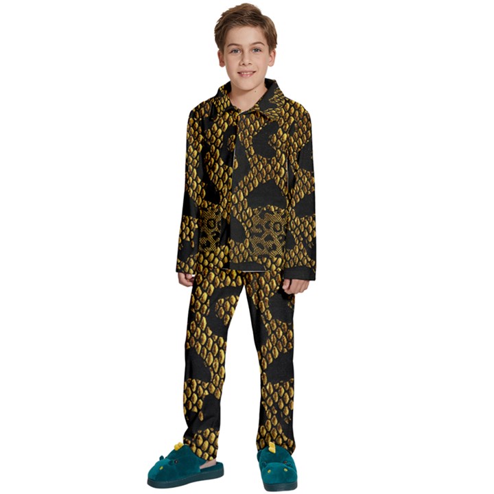 Metallic Snake Skin Pattern Kids  Long Sleeve Velvet Pajamas Set