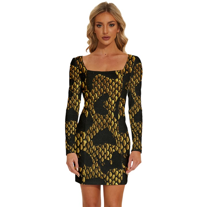 Metallic Snake Skin Pattern Long Sleeve Square Neck Bodycon Velvet Dress