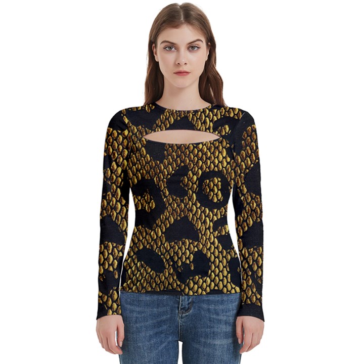 Metallic Snake Skin Pattern Women s Cut Out Long Sleeve T-Shirt