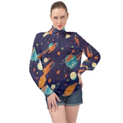 Space Galaxy Planet Universe Stars Night Fantasy High Neck Long Sleeve Chiffon Top by Ket1n9