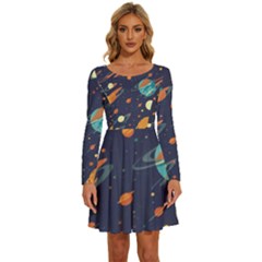 Space Galaxy Planet Universe Stars Night Fantasy Long Sleeve Wide Neck Velvet Dress by Ket1n9