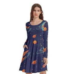 Space Galaxy Planet Universe Stars Night Fantasy Long Sleeve Knee Length Skater Dress With Pockets by Ket1n9