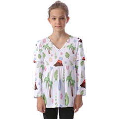 Cute Palm Volcano Seamless Pattern Kids  V Neck Casual Top by Ket1n9