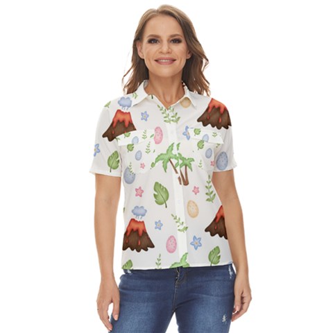 Cute Palm Volcano Seamless Pattern Women s Short Sleeve Double Pocket Shirt by Ket1n9