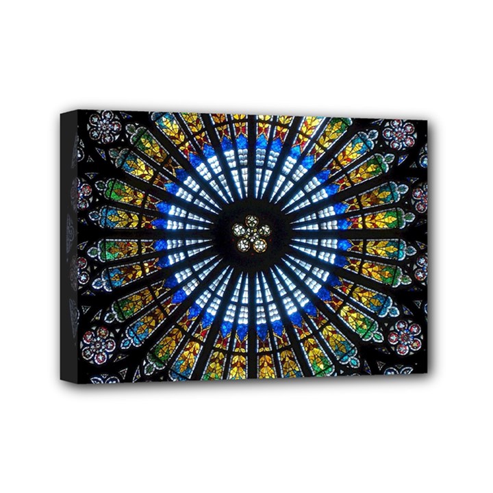 Stained Glass Rose Window In France s Strasbourg Cathedral Mini Canvas 7  x 5  (Stretched)