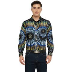 Stained Glass Rose Window In France s Strasbourg Cathedral Men s Long Sleeve Pocket Shirt  by Ket1n9