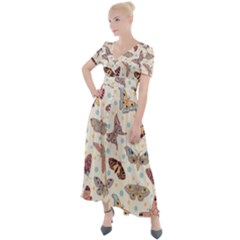 Pattern With Butterflies Moths Button Up Short Sleeve Maxi Dress by Ket1n9