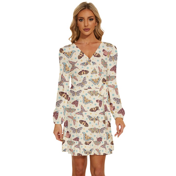 Pattern With Butterflies Moths Long Sleeve Waist Tie Ruffle Velvet Dress