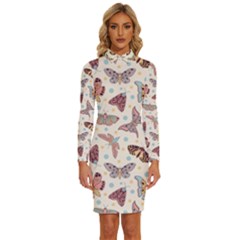 Pattern With Butterflies Moths Long Sleeve Shirt Collar Bodycon Dress by Ket1n9