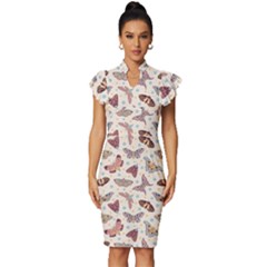 Another Monster Pattern Vintage Frill Sleeve V-neck Bodycon Dress by Ket1n9