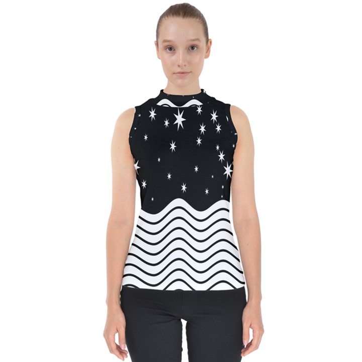 Black And White Waves And Stars Abstract Backdrop Clipart Mock Neck Shell Top