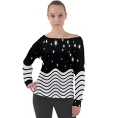 Black And White Waves And Stars Abstract Backdrop Clipart Off Shoulder Long Sleeve Velour Top