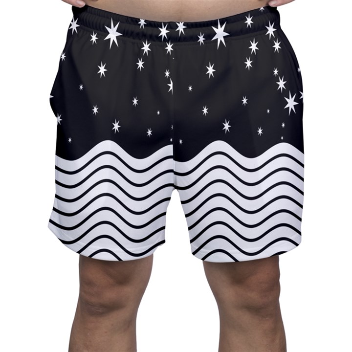 Black And White Waves And Stars Abstract Backdrop Clipart Men s Shorts