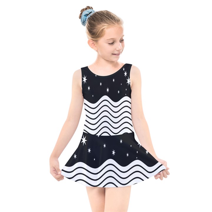 Black And White Waves And Stars Abstract Backdrop Clipart Kids  Skater Dress Swimsuit