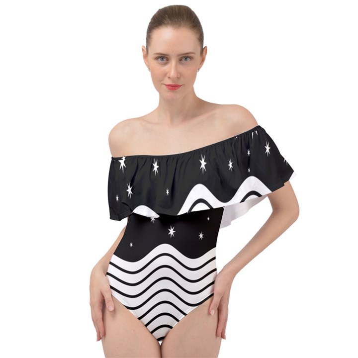 Black And White Waves And Stars Abstract Backdrop Clipart Off Shoulder Velour Bodysuit 