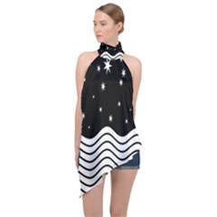 Black And White Waves And Stars Abstract Backdrop Clipart Halter Asymmetric Satin Top