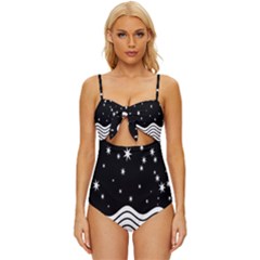 Black And White Waves And Stars Abstract Backdrop Clipart Knot Front One-piece Swimsuit by Hannah976