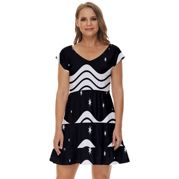 Black And White Waves And Stars Abstract Backdrop Clipart Short Sleeve Tiered Mini Dress