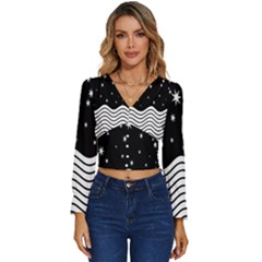 Black And White Waves And Stars Abstract Backdrop Clipart Long Sleeve V-neck Top by Hannah976