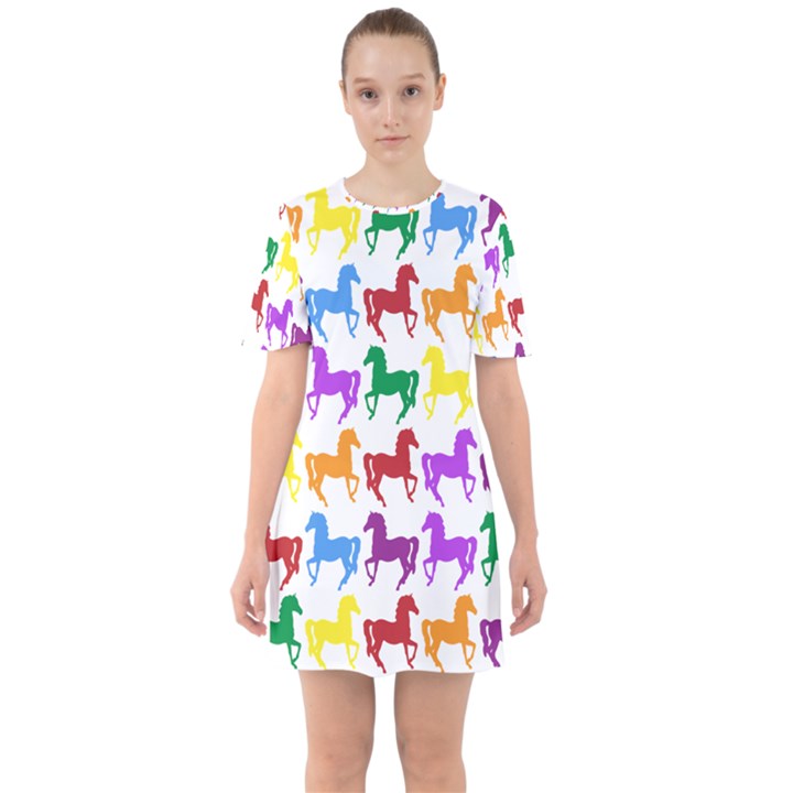 Colorful Horse Background Wallpaper Sixties Short Sleeve Mini Dress