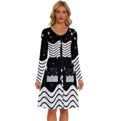 Black And White Waves And Stars Abstract Backdrop Clipart Long Sleeve Dress With Pocket by Hannah976