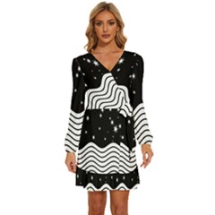 Black And White Waves And Stars Abstract Backdrop Clipart Long Sleeve Waist Tie Ruffle Velvet Dress by Hannah976