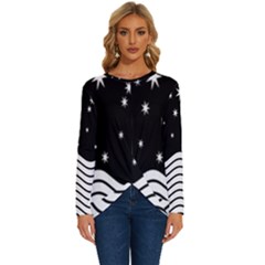 Black And White Waves And Stars Abstract Backdrop Clipart Long Sleeve Crew Neck Pullover Top by Hannah976