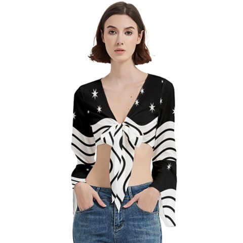 Black And White Waves And Stars Abstract Backdrop Clipart Trumpet Sleeve Cropped Top by Hannah976