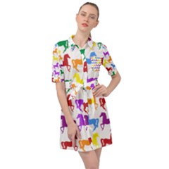 Colorful Horse Background Wallpaper Belted Shirt Dress by Hannah976