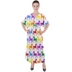 Colorful Horse Background Wallpaper V-neck Boho Style Maxi Dress by Hannah976