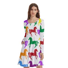 Colorful Horse Background Wallpaper Long Sleeve Knee Length Skater Dress With Pockets by Hannah976