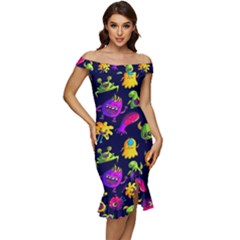 Space Patterns Off Shoulder Ruffle Split Hem Bodycon Dress by Hannah976