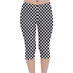 Black And White Checkerboard Background Board Checker Velvet Capri Leggings  by Hannah976