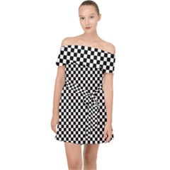 Black And White Checkerboard Background Board Checker Off Shoulder Chiffon Dress by Hannah976