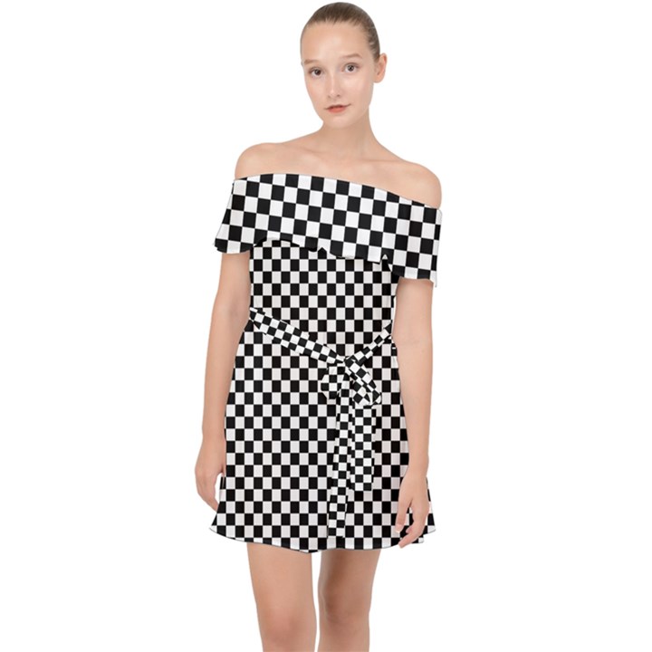 Black And White Checkerboard Background Board Checker Off Shoulder Chiffon Dress