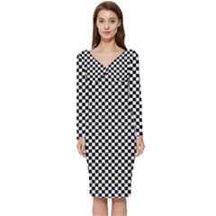 Black And White Checkerboard Background Board Checker Long Sleeve V-neck Bodycon Dress 