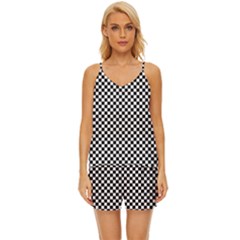 Black And White Checkerboard Background Board Checker V-neck Satin Pajamas Set by Hannah976