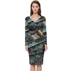 Computer Ram Tech - Long Sleeve V-neck Bodycon Dress 