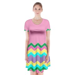 Easter Chevron Pattern Stripes Short Sleeve V-neck Flare Dress by Hannah976