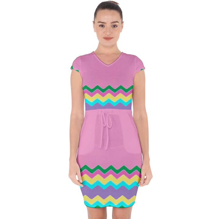 Easter Chevron Pattern Stripes Capsleeve Drawstring Dress 