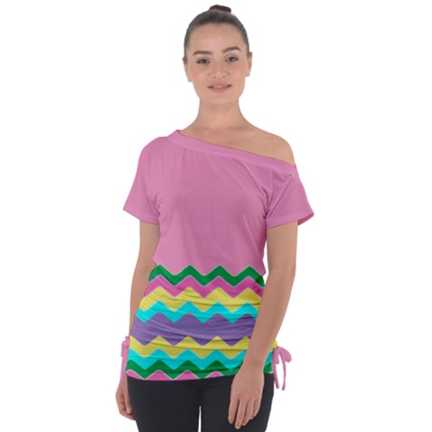 Easter Chevron Pattern Stripes Off Shoulder Tie-up T-shirt by Hannah976