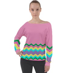 Easter Chevron Pattern Stripes Off Shoulder Long Sleeve Velour Top by Hannah976